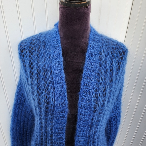 Handmade Fuzzy Mohair Wool Cardigan Sweater Women's Blue Dropped Shoulder Sz M - Picture 3 of 12